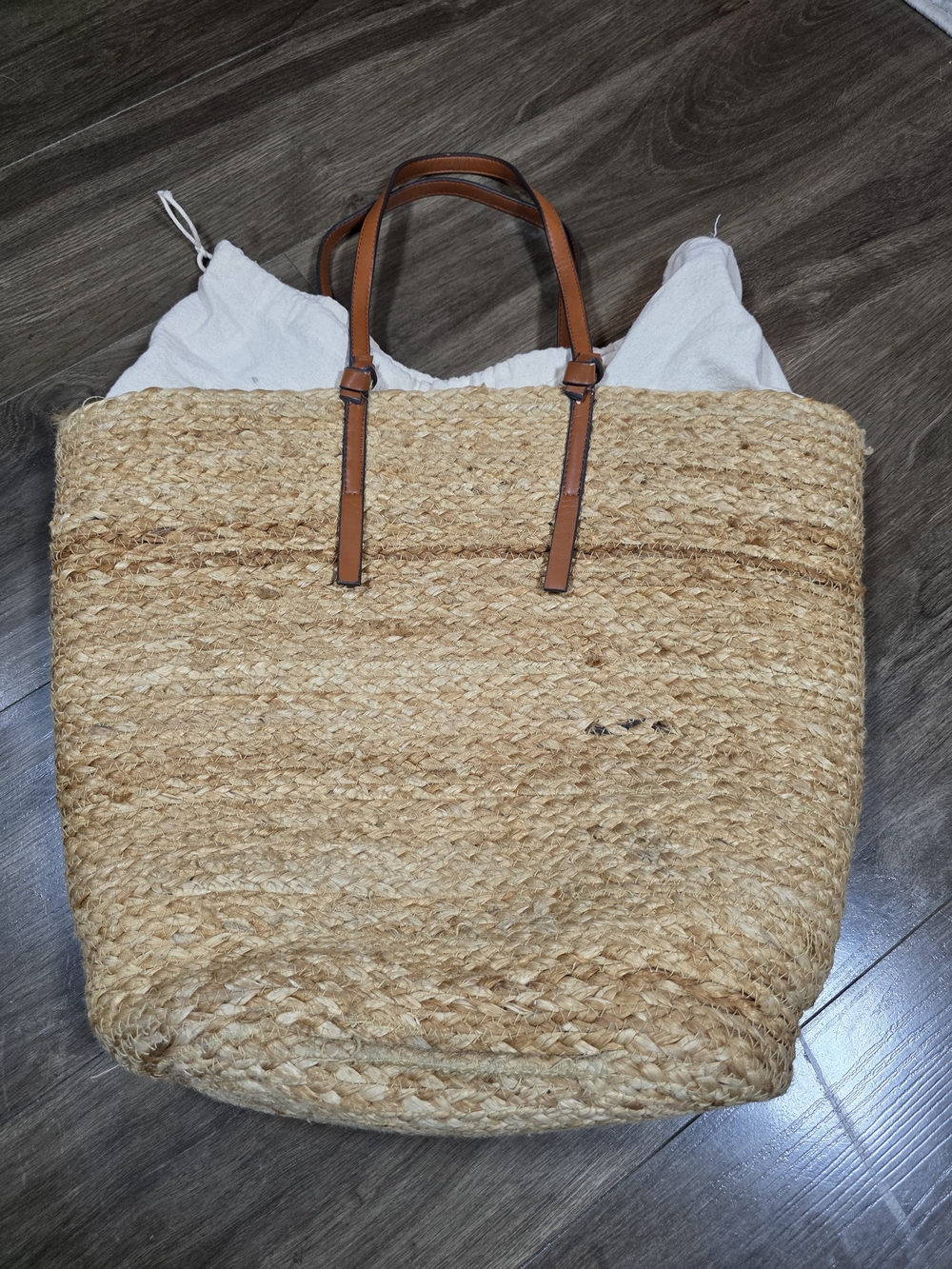 Mango Natural Jute Tote Bag Tan Leather Handles Woven Shopper Beach Large MNG